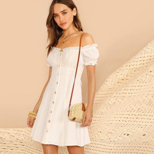 

Button Front Puff Sleeve Off Shoulder Dress, White