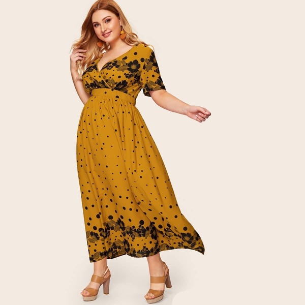 

Plus Surplice Wrap Polka Dot Floral Dress, Yellow