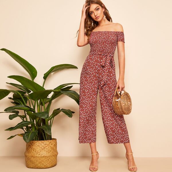 

Floral Off Shoulder Shirred Bodice Belted Jumpsuit, Multicolor