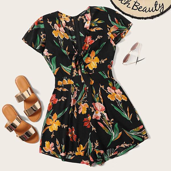 

Zip Back Knot Front Floral Print Romper, Multicolor