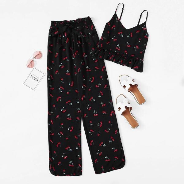 

Plus Cherry Ruffle Hem Cami Top & Tie Waist Pants PJ Set
