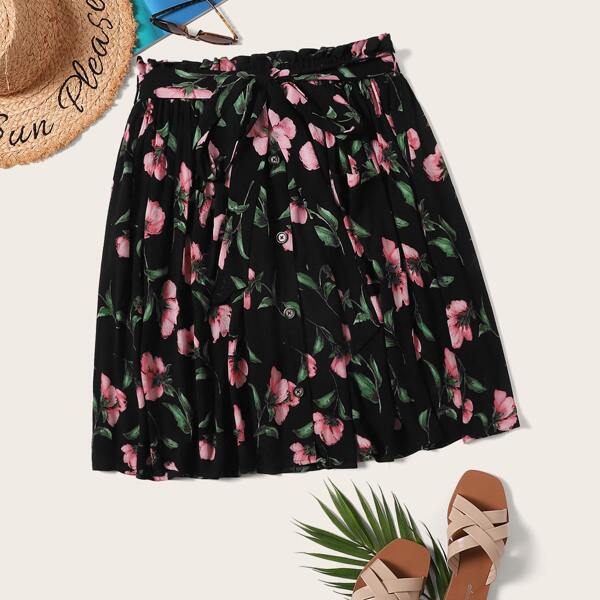 

Plus Paperbag Waist Floral Print Belted Skirt, Multicolor