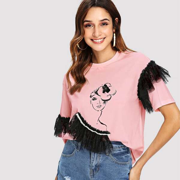 

Contrast Lace 3D Flower Patched Tee