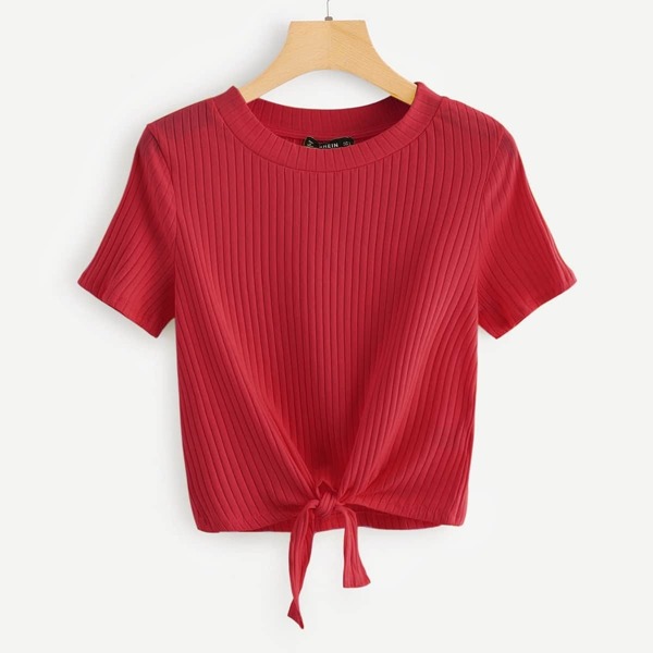 

Knot Front Ribbed Knit Tee, Red