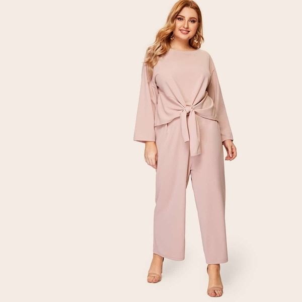

Plus Solid Knot Front Tee & Wide Leg Pants Set, Pink