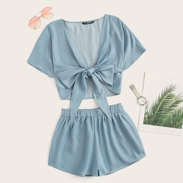 

Tie Waist Solid Top & Elastic Waist Shorts Set, Blue