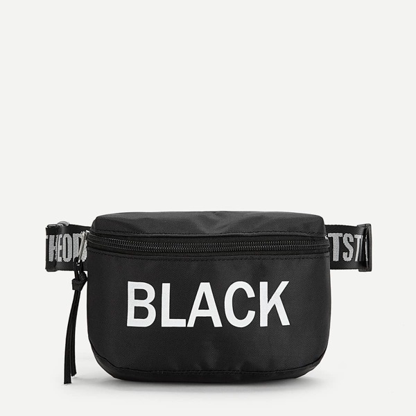 

Letter Print Zipper Fanny Pack, Black