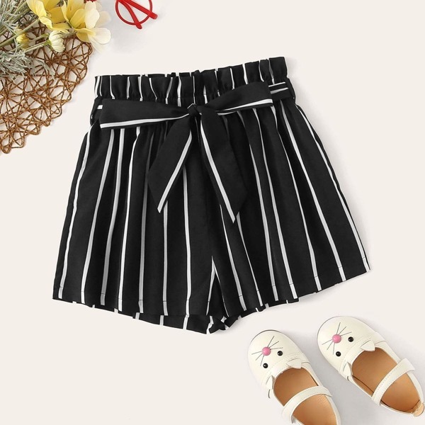 

Girls Frill Waist Belted Striped Shorts, Black