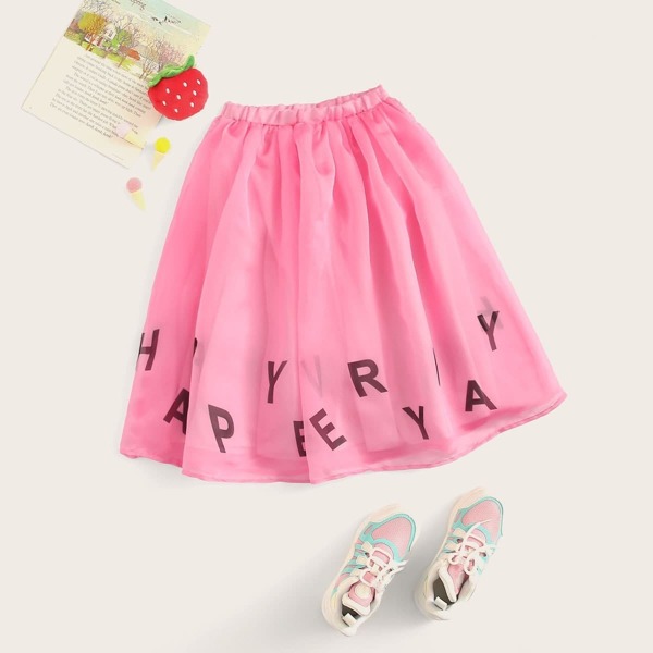 

Girls Elastic Waist Letter Print Skirt, Pink