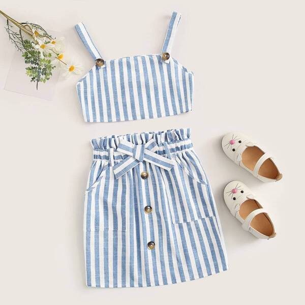 

Girls Striped Crop Cami Top & Slant Pocket Skirt Set, Blue