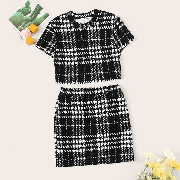 

Girls Plaid Tee & Elastic Waist Skirt Set, Black