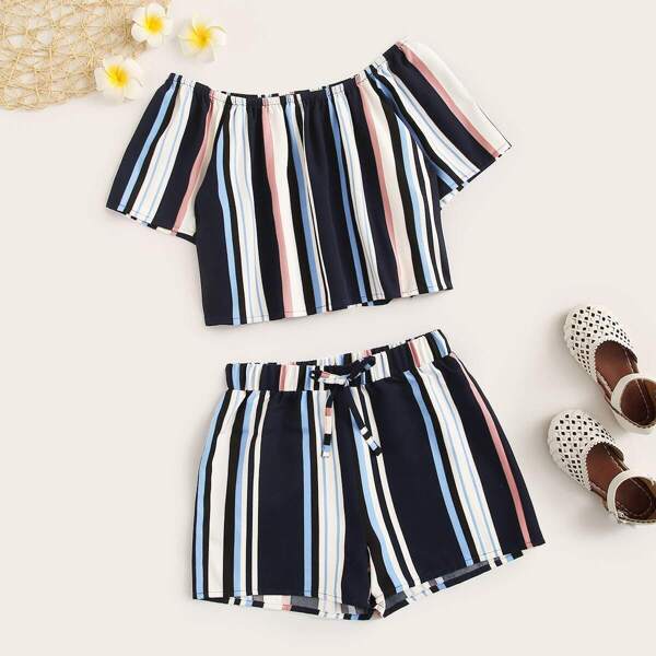 

Girls Striped Bardot Top & Drawstring Waist Shorts Set