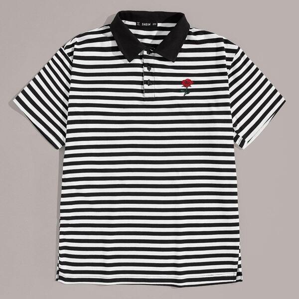 

Men Button Half-placket Embroidery Polo Shirt, Black and white