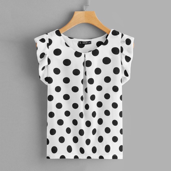 

Plus Fold Pleat Neck Ruffle Trim Polka Dot Top
