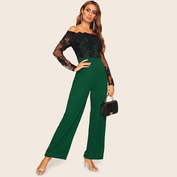 

Embroidered Mesh Bodice Wide Leg Bardot Jumpsuit, Green