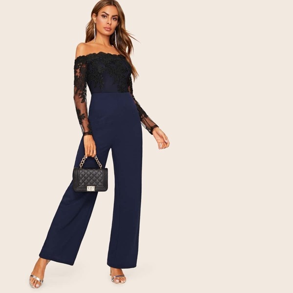

Embroidered Mesh Bodice Wide Leg Bardot Jumpsuit