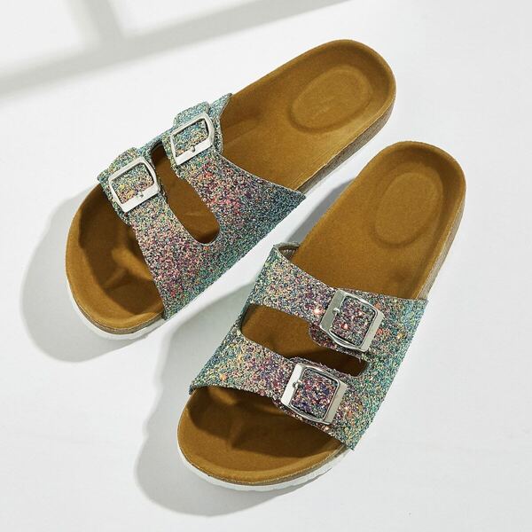

Double Buckle Glitter Sliders, Silver