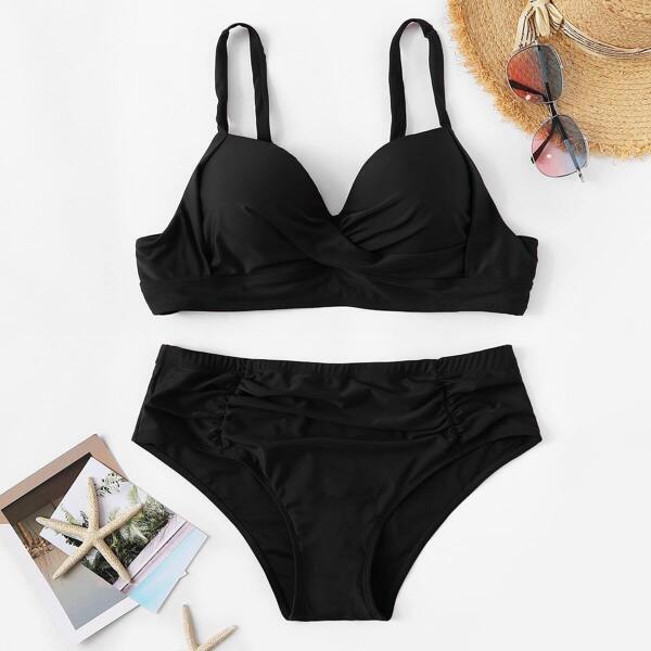 

Plus Bustier Top With Ruched Bikini Set, Black