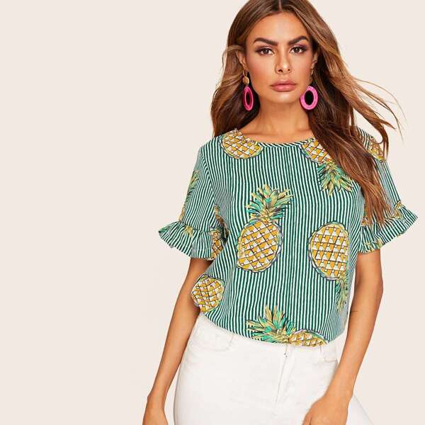 

Striped Pineapple Print Flounce Sleeve Blouse, Green