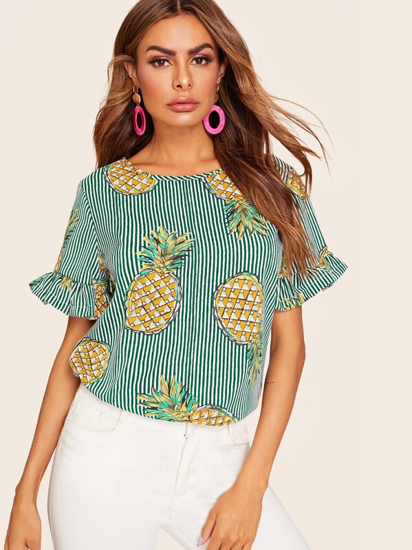

Striped Pineapple Print Flounce Sleeve Blouse, Green, Andy