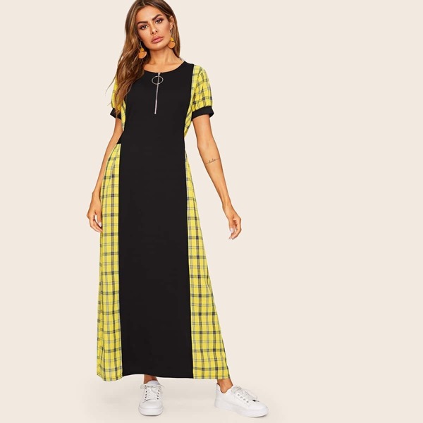 

Contrast Plaid Puff Sleeve Longline Dress, Multicolor