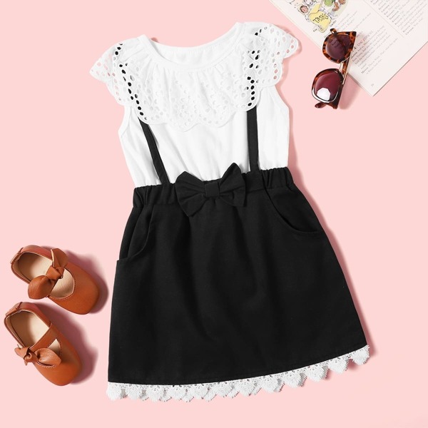 

Toddler Girls 2 In 1 Contrast Schiffy Bow A-line Dress, Black and white