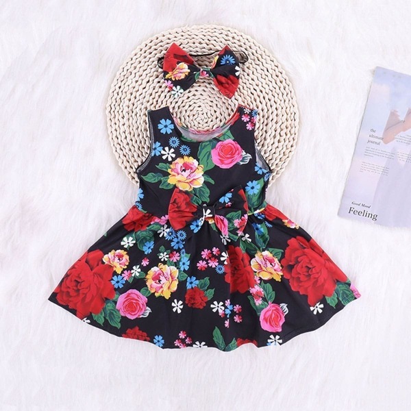 

Toddler Girls Floral Print Bow Front A-line Dress With Headband, Multicolor