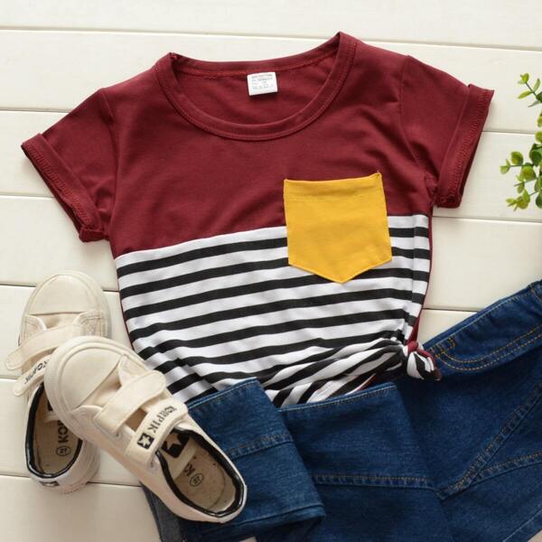 

Toddler Girls Pocket Front Striped Tee