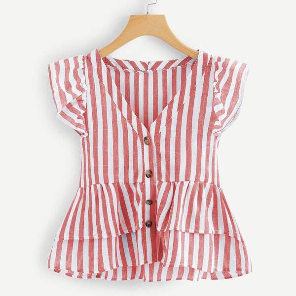 

Plus Tiered Layer Hem Striped Blouse, Red