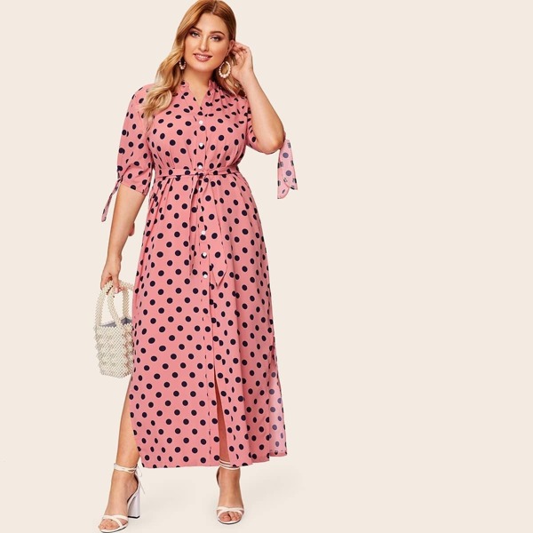

Plus Polka Dot Knot Cuff Shirt Dress