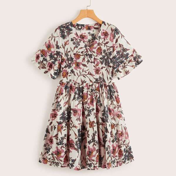 

V-neck Floral Print Flounce Sleeve Dress