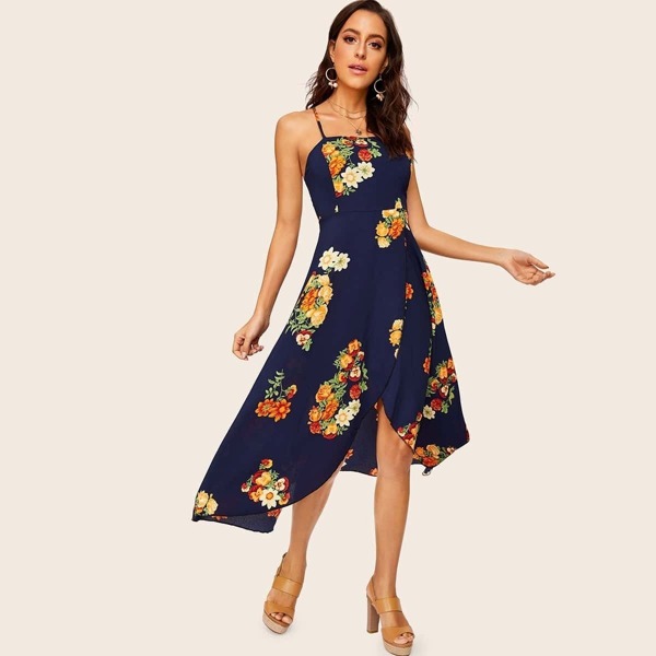 

Floral Print Tulip Hem Backless Cami Dress, Navy