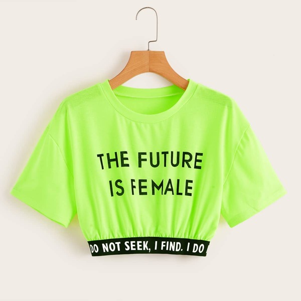 

Neon Green Letter Print Tape Crop Tee