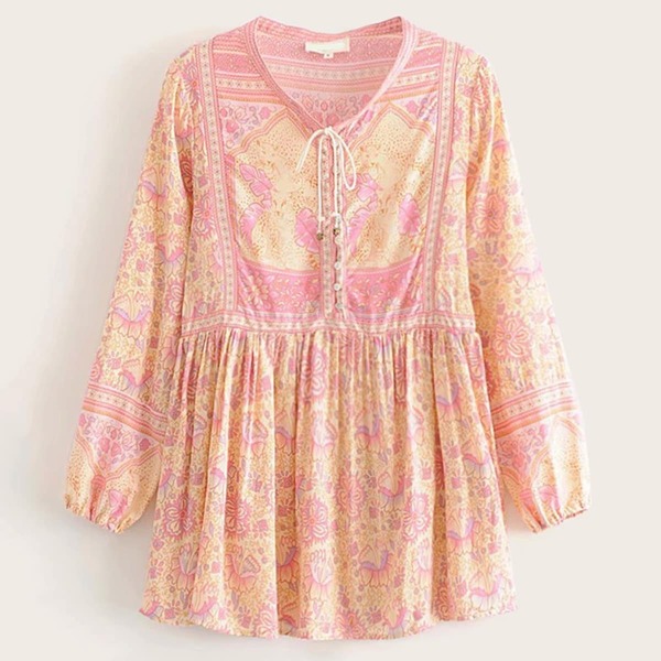 

Tie Neck Smock Floral Blouse