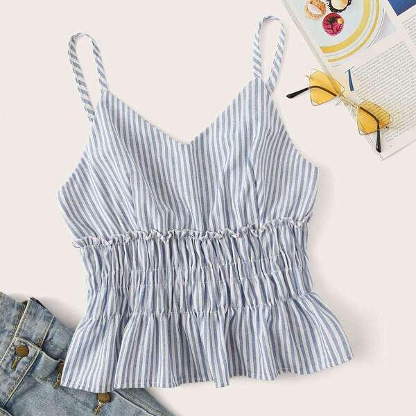 

Striped Shirred Ruffle Hem Cami Top, Blue