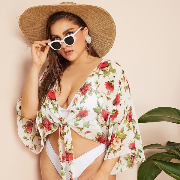 

Plus Floral Knot Front Kimono, Multicolor