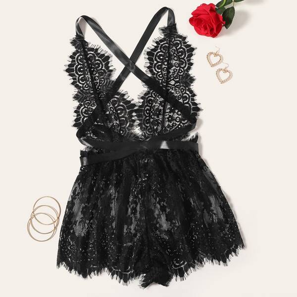 

Floral Lace Criss Cross Romper Bodysuit, Black