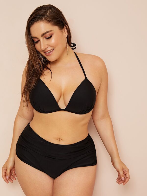 

Plus Triangle Halter Top With High Waist Bikini, Black, Franziska