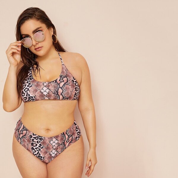 

Plus Snakeskin Halter Top With High Waist Bikini, Multicolor