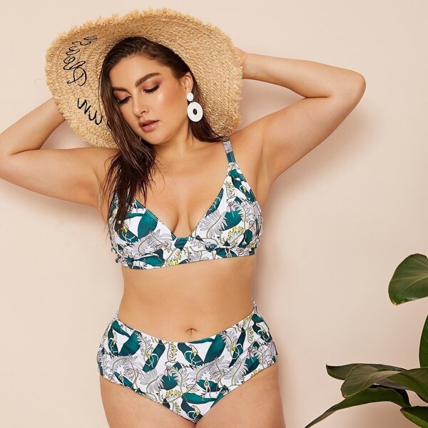 

Plus Leaf Triangle Top With High Waist Bikini, Multicolor