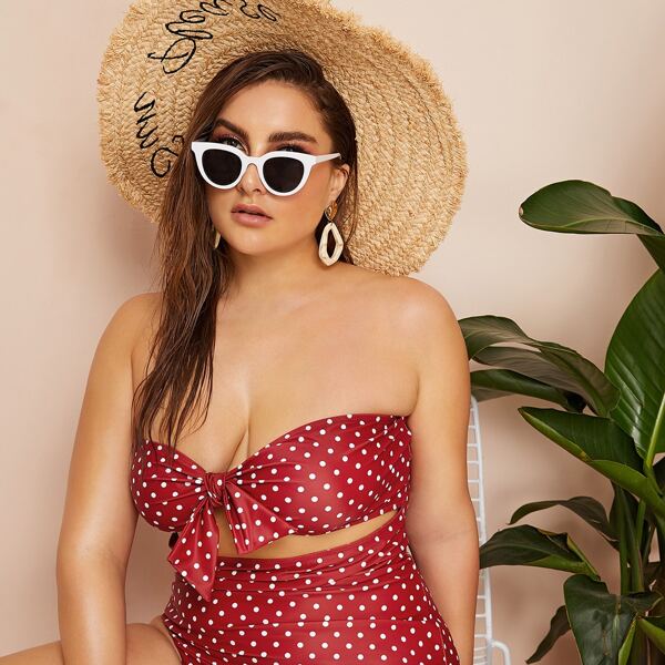 

Plus Dot Print Cut-out Bandeau One Piece Swim, Burgundy