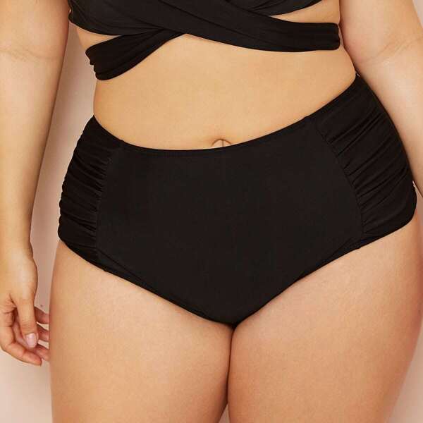 

Plus Ruched High Waist Bikini Bottom, Black
