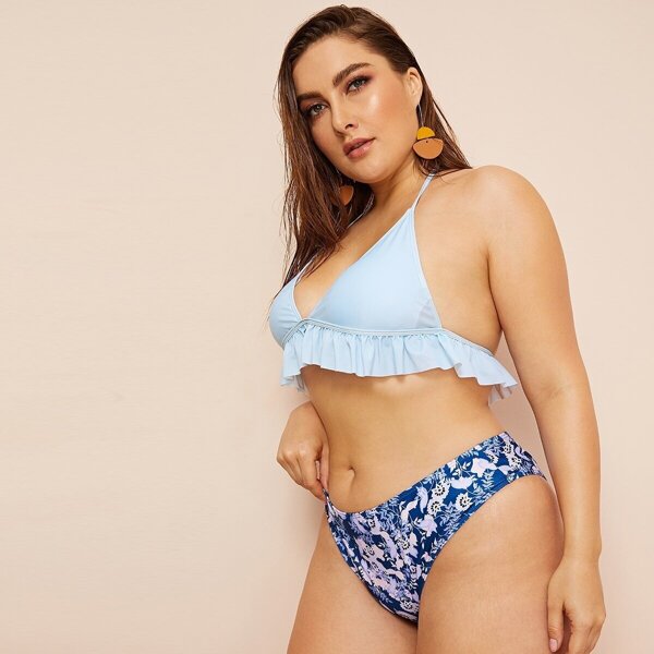 

Plus Ruffle Triangle Top With Floral Bikini, Multicolor