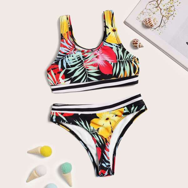 

Toddler Girls Scoop Neck Top With Tropical Bikini Set, Multicolor