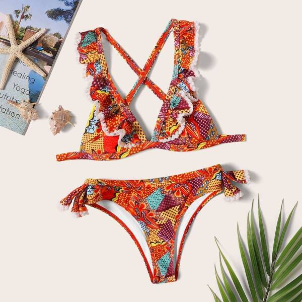 

Toddler Girls Ruffle Trim Crisscross Plunge Bikini Set