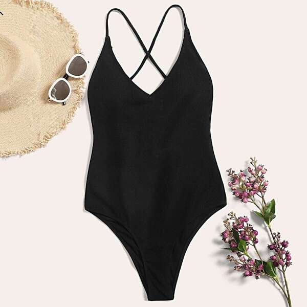 

Слитный купаник с глубоким вырезом, Чёрный