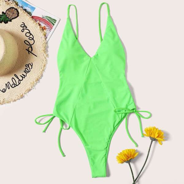 

Neon Lime Backless Lace-up Side One Piece Swimsuit