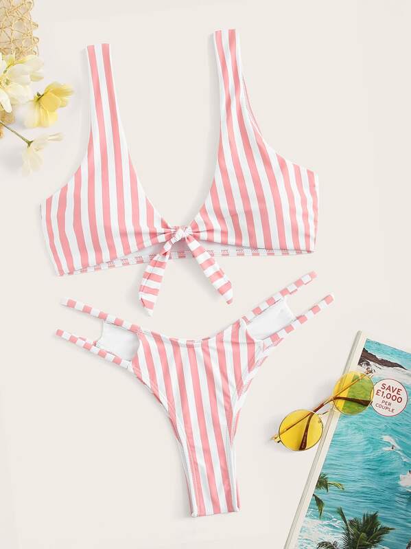 

Striped Tie-front Top With Ladder Cut-out Bikini, Pink