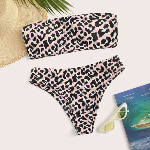

Leopard Print Bandeau With High Waist Bikini Set