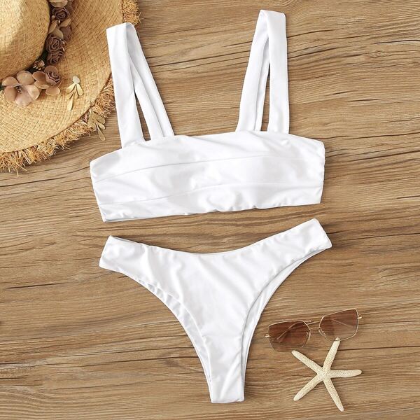 

Wide Strap Seam Detail Top With High Leg Bikini